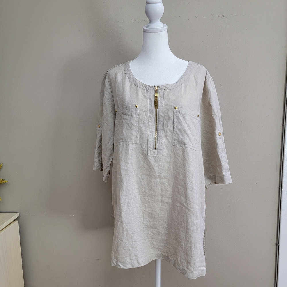 Ellen Tracy Light Beige Zip-Front Tunic Roll Tab Sleeves Size Large 100% Linen